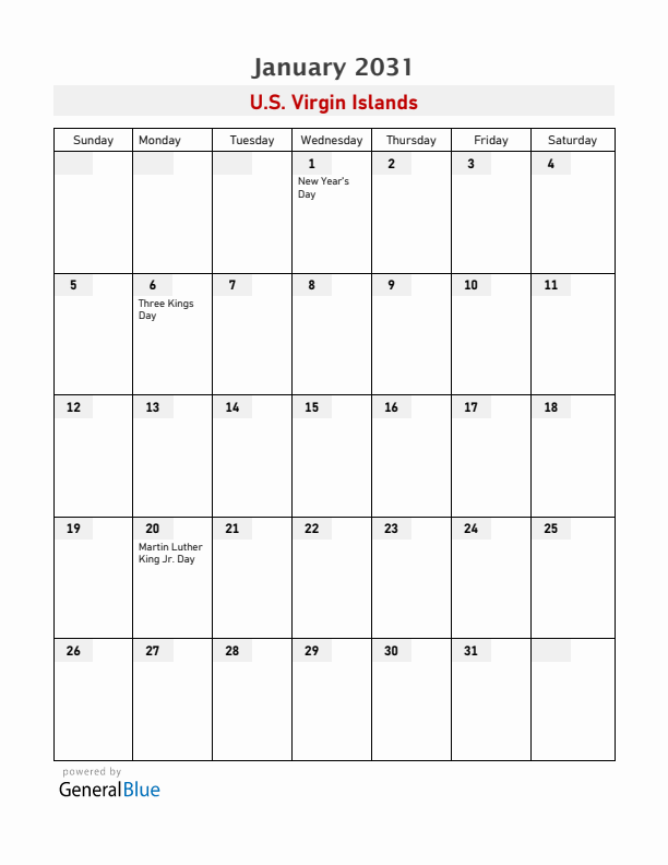 U.S. Virgin Islands January 2031 Calendar with Holidays