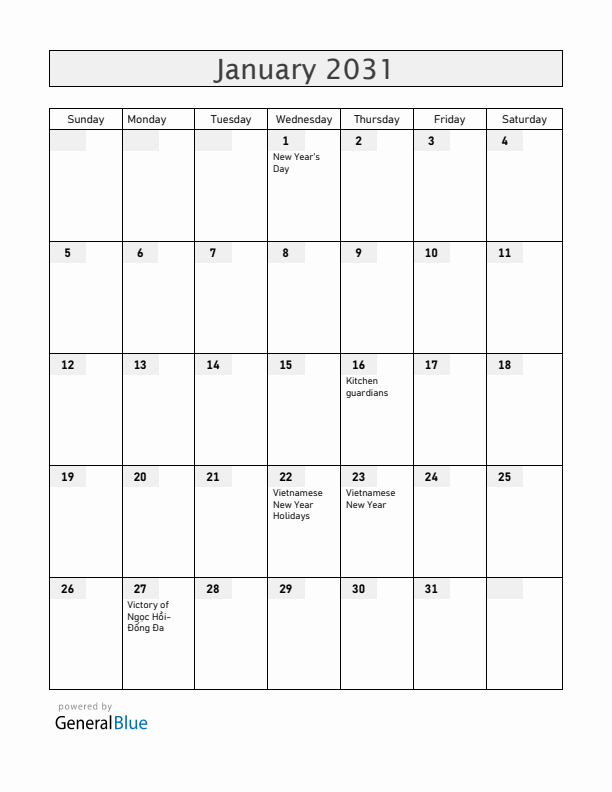 Vietnam January 2031 Calendar with Holidays