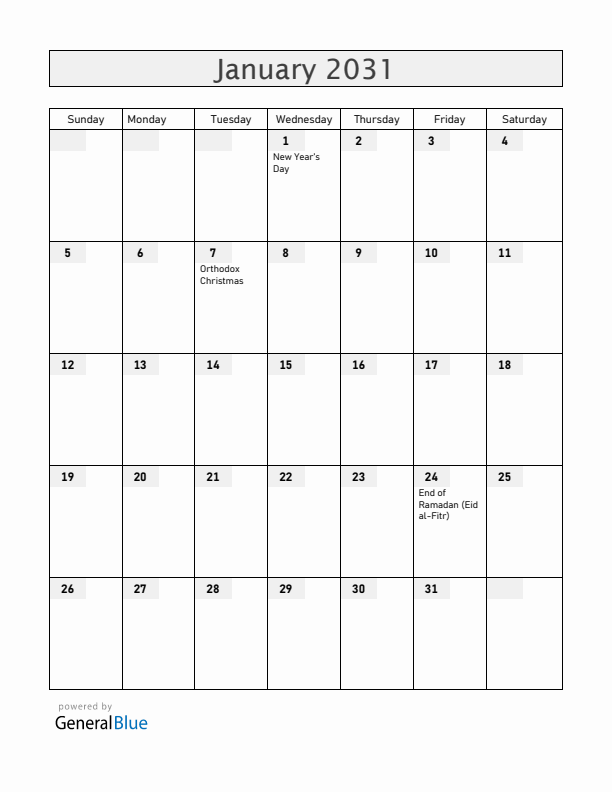 Kosovo January 2031 Calendar with Holidays