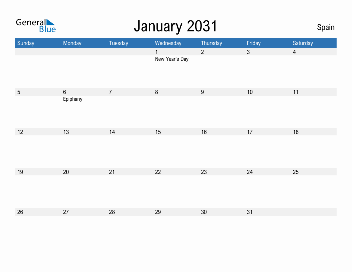 January 2031 Monthly Calendars with Spain Holidays