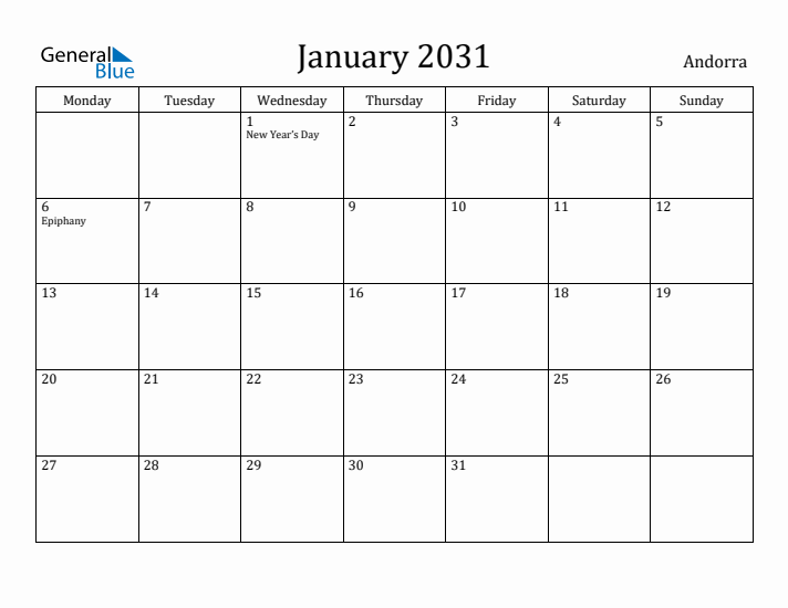 January 2031 Calendar Andorra