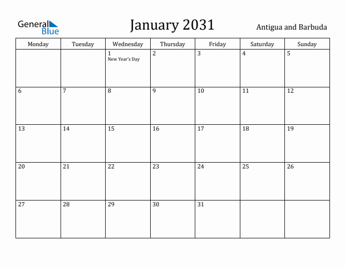January 2031 Calendar Antigua and Barbuda