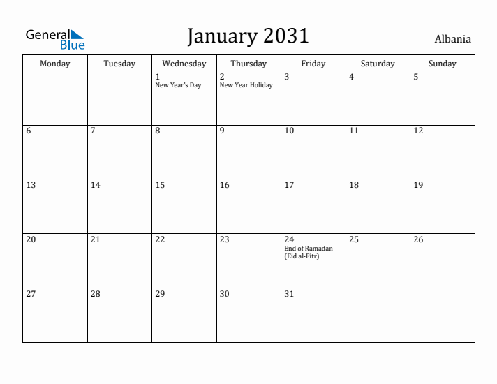 January 2031 Calendar Albania