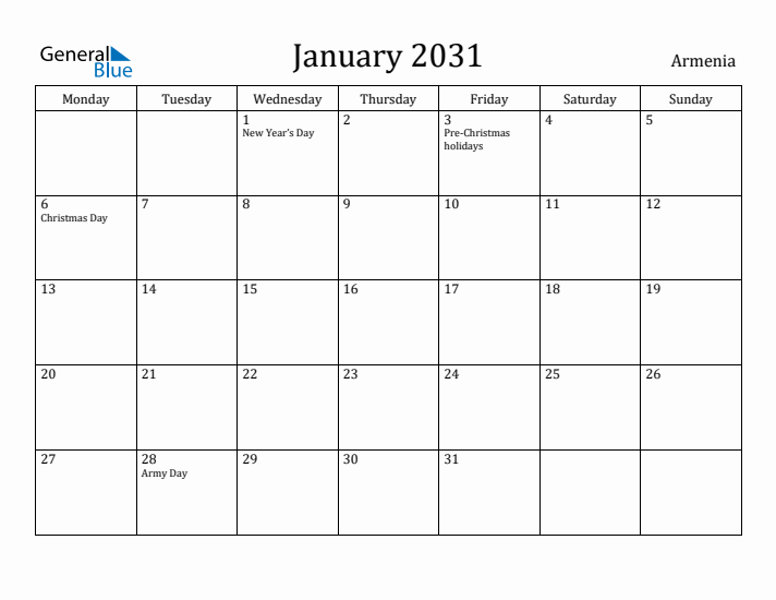 January 2031 Calendar Armenia