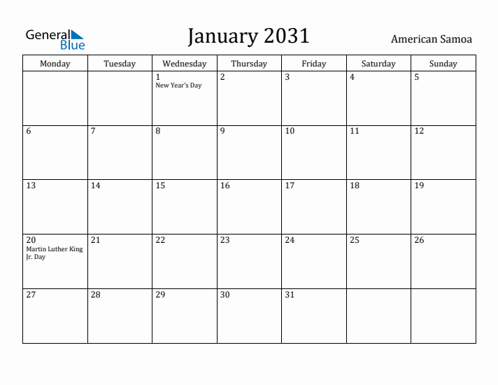 January 2031 Calendar American Samoa