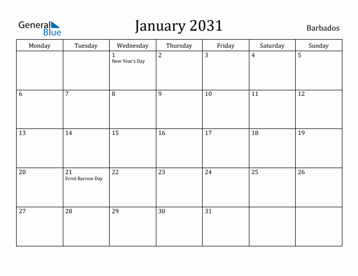 January 2031 Calendar Barbados