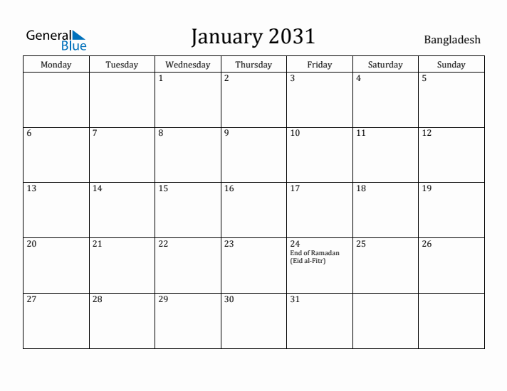 January 2031 Calendar Bangladesh