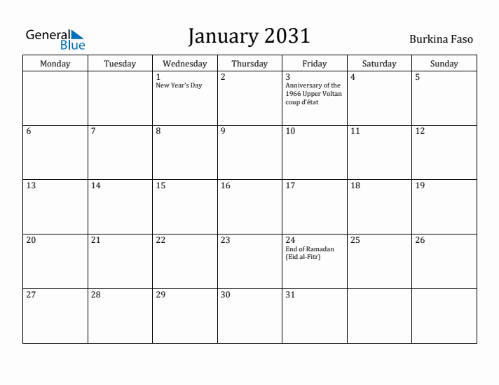 January 2031 Calendar Burkina Faso