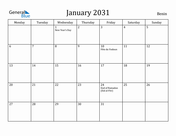 January 2031 Calendar Benin