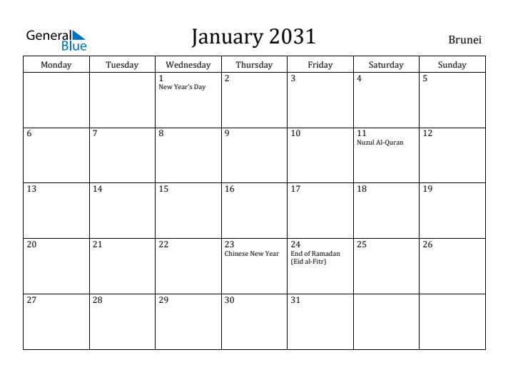 January 2031 Calendar Brunei