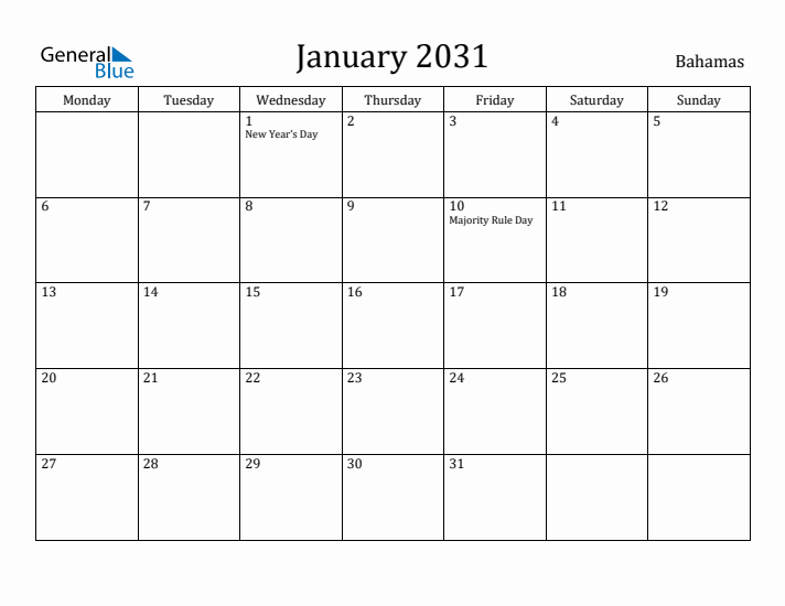 January 2031 Calendar Bahamas