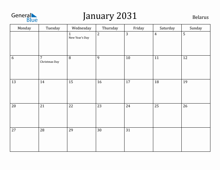 January 2031 Calendar Belarus