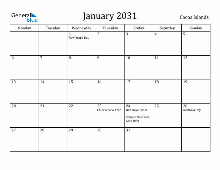 January 2031 Calendar Cocos Islands