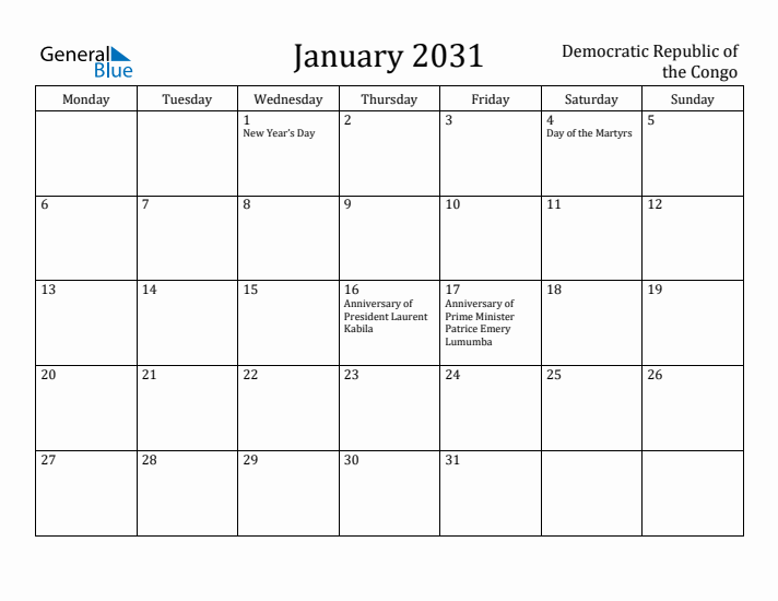 January 2031 Calendar Democratic Republic of the Congo