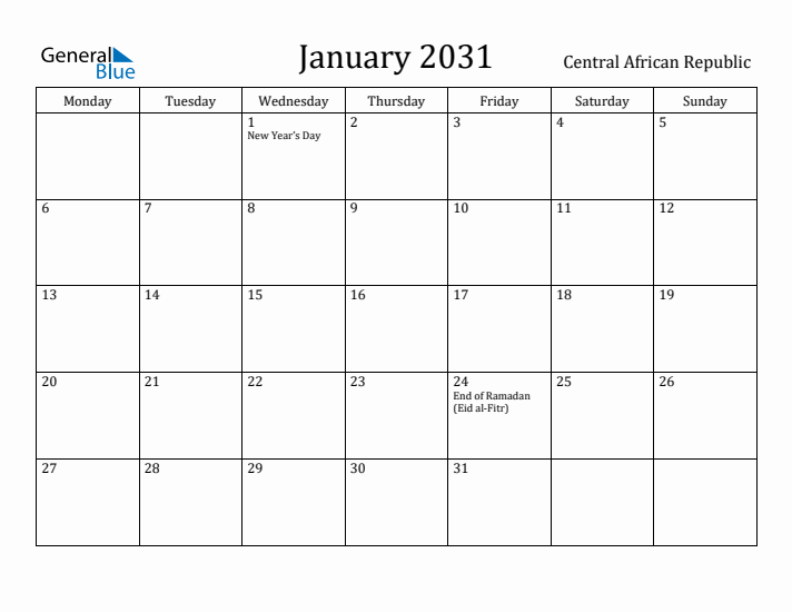 January 2031 Calendar Central African Republic