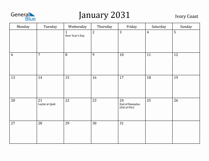 January 2031 Calendar Ivory Coast