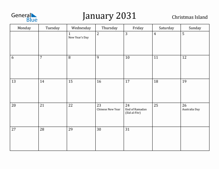 January 2031 Calendar Christmas Island