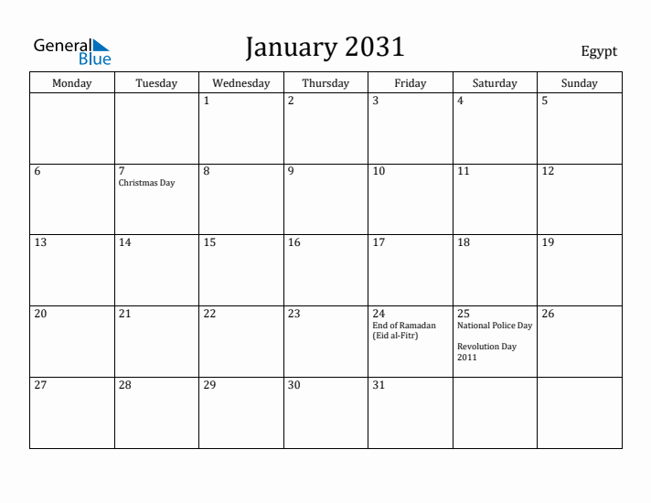 January 2031 Calendar Egypt