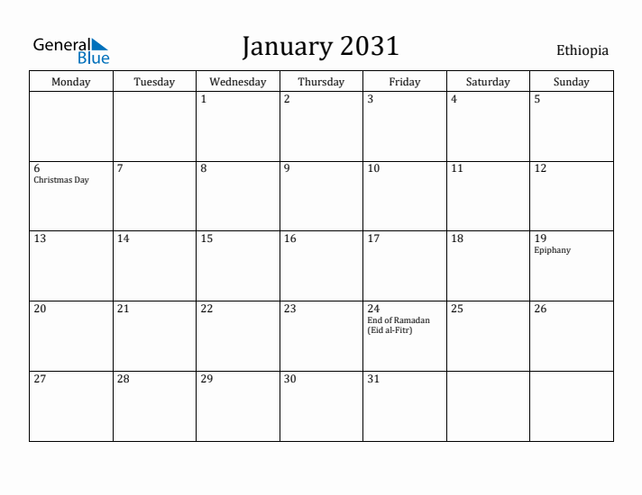 January 2031 Calendar Ethiopia