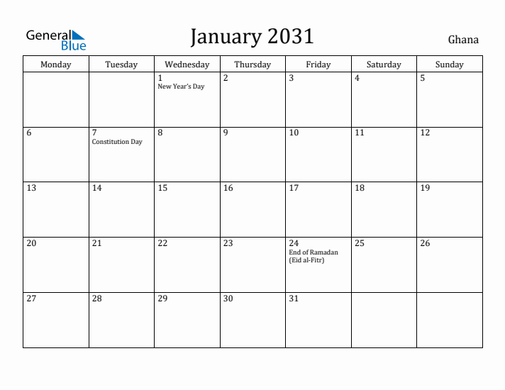 January 2031 Calendar Ghana