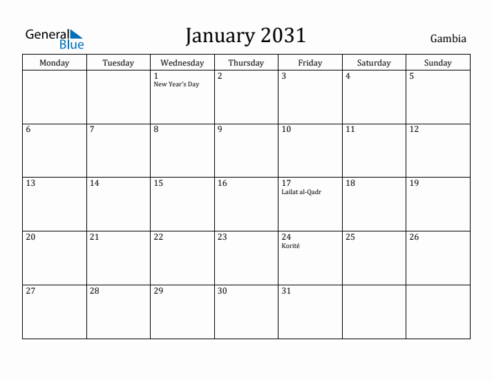 January 2031 Calendar Gambia