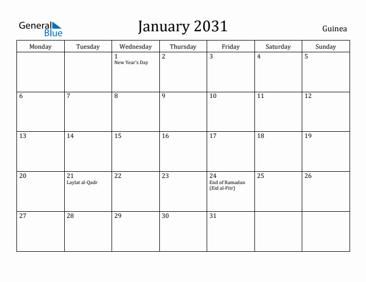 January 2031 Calendar Guinea