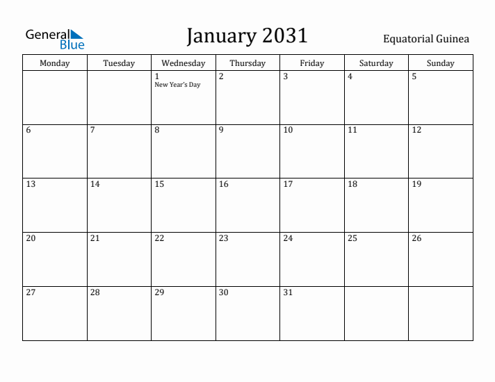 January 2031 Calendar Equatorial Guinea