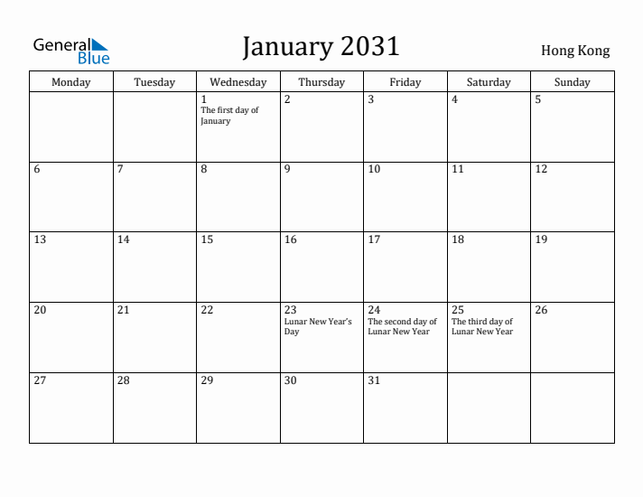January 2031 Calendar Hong Kong