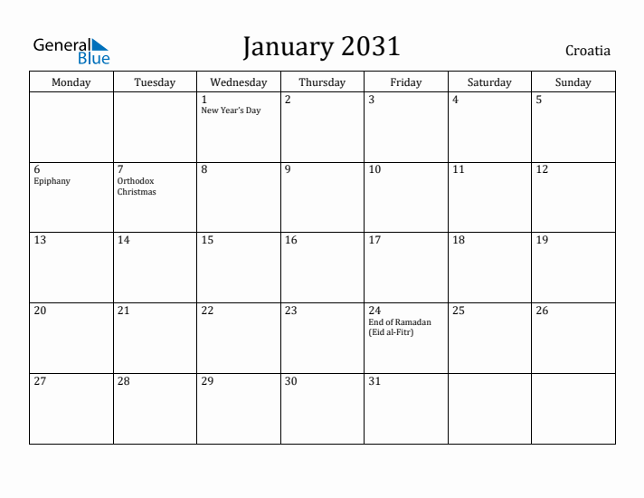 January 2031 Calendar Croatia
