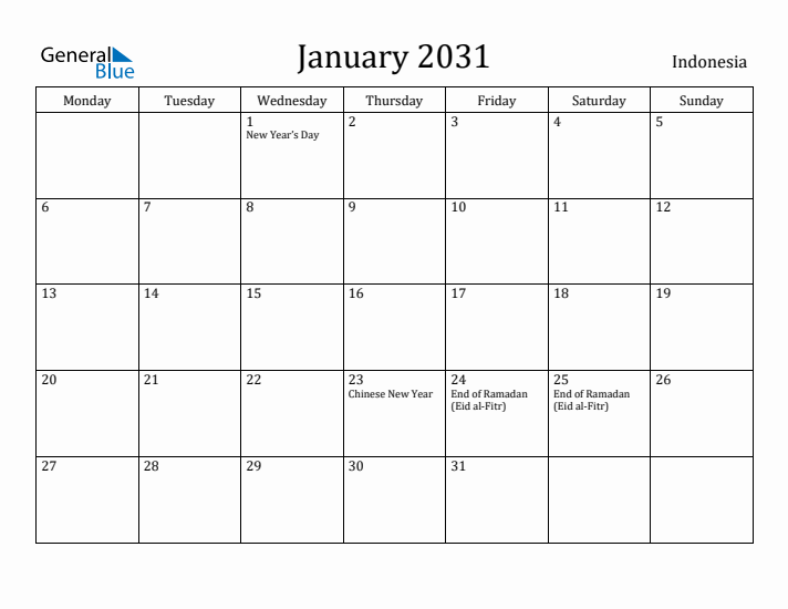 January 2031 Calendar Indonesia
