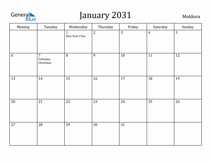 January 2031 Calendar Moldova