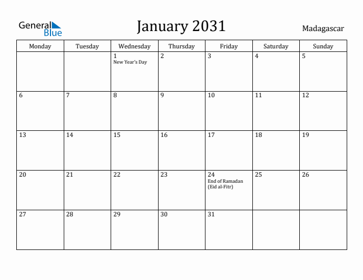 January 2031 Calendar Madagascar