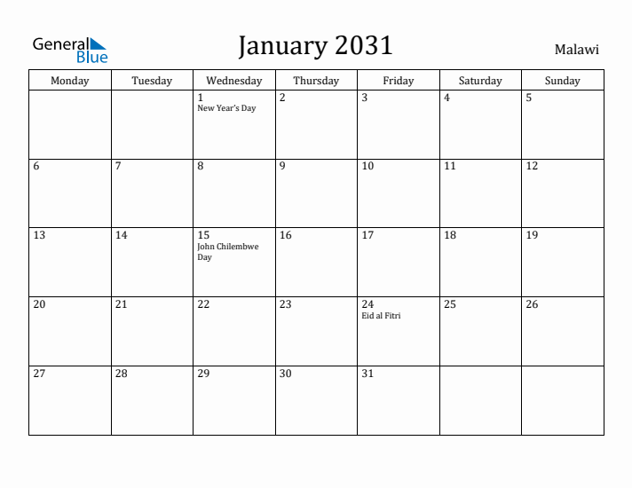 January 2031 Calendar Malawi