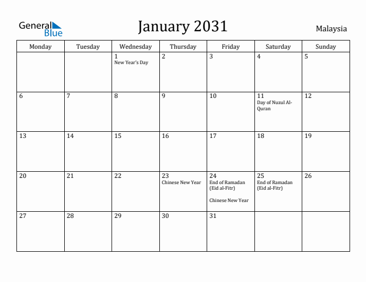 January 2031 Calendar Malaysia