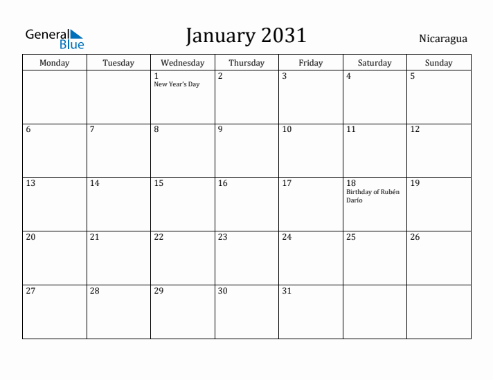January 2031 Calendar Nicaragua