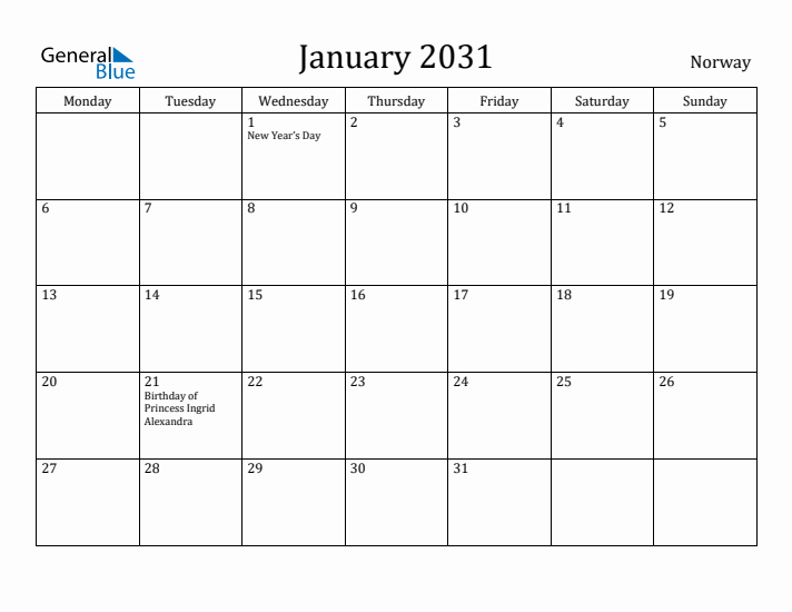January 2031 Calendar Norway