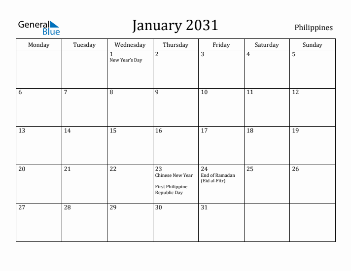 January 2031 Calendar Philippines