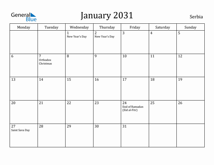 January 2031 Calendar Serbia
