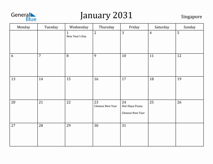 January 2031 Calendar Singapore