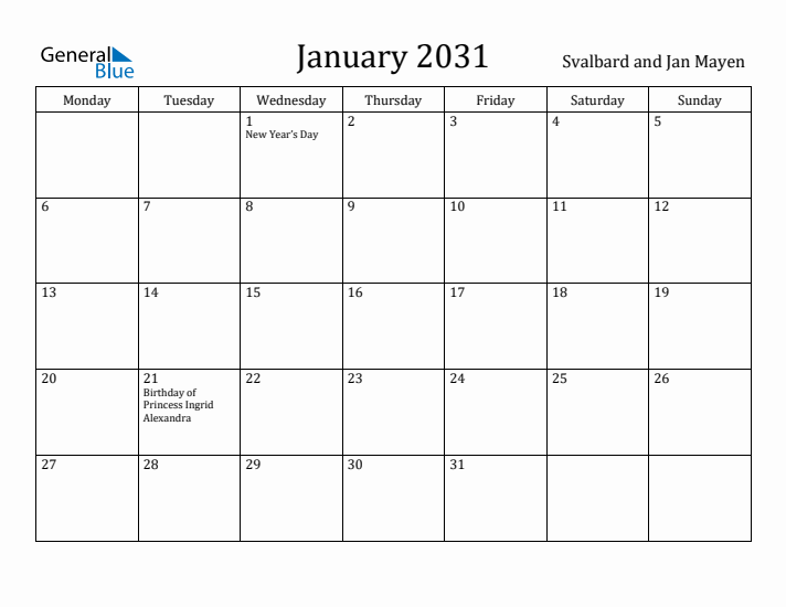 January 2031 Calendar Svalbard and Jan Mayen