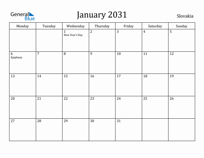 January 2031 Calendar Slovakia