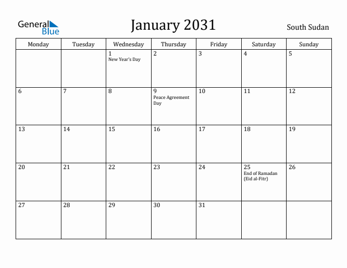 January 2031 Calendar South Sudan