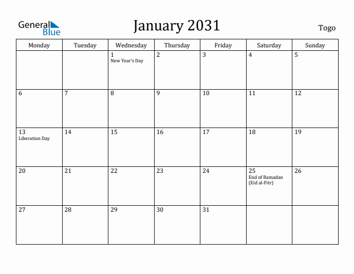January 2031 Calendar Togo