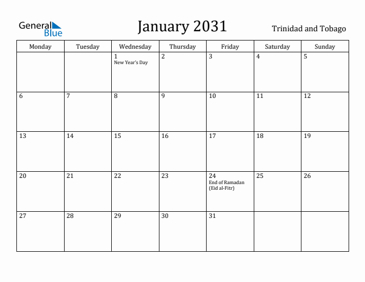 January 2031 Calendar Trinidad and Tobago