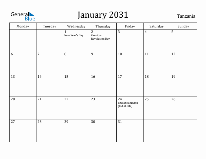January 2031 Calendar Tanzania