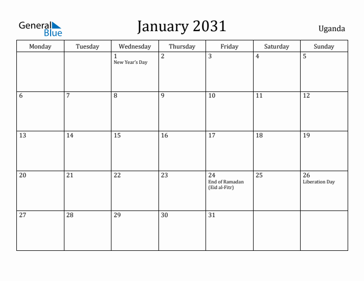 January 2031 Calendar Uganda