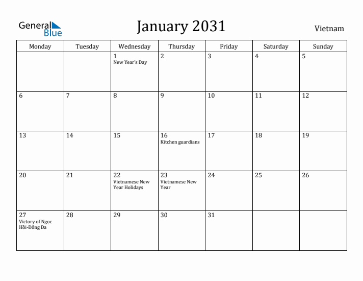 January 2031 Calendar Vietnam