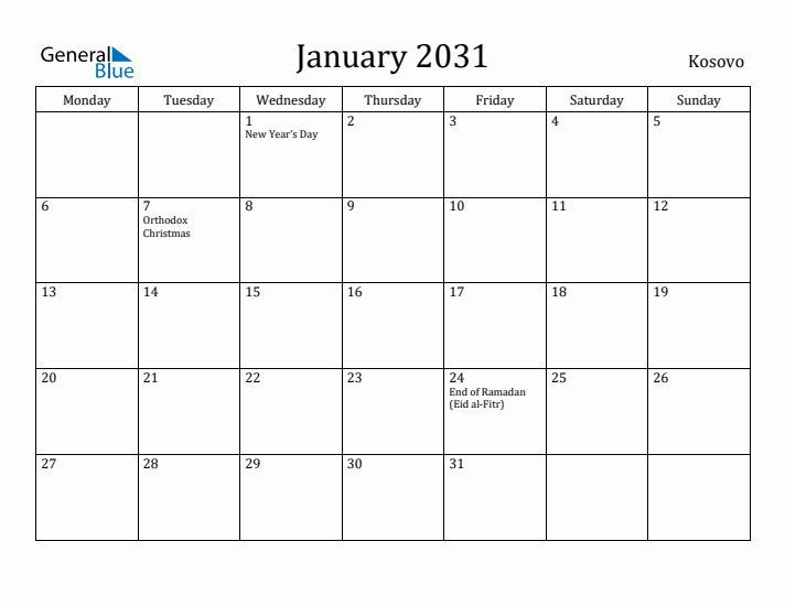 January 2031 Calendar Kosovo