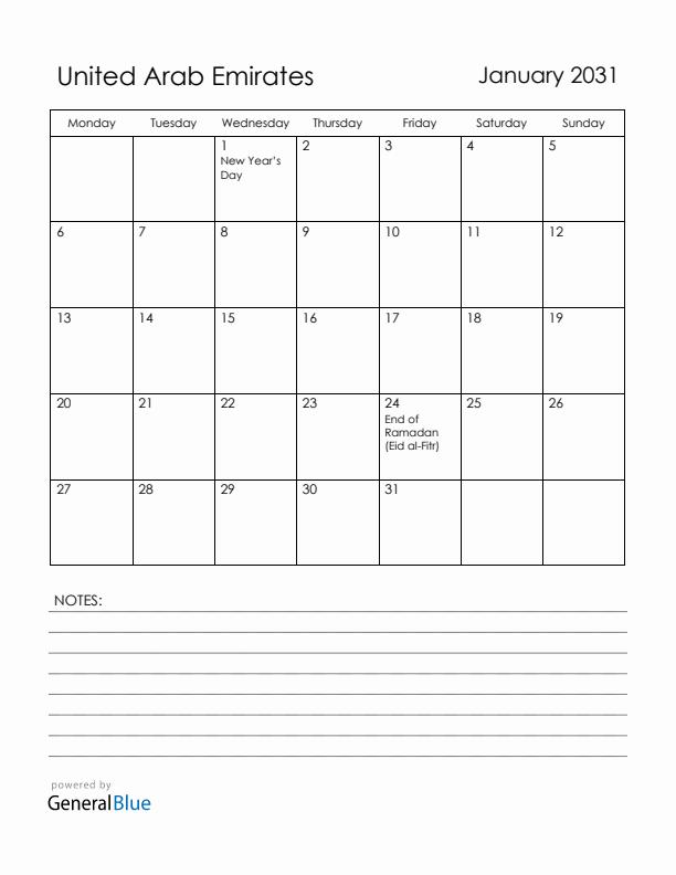 January 2031 United Arab Emirates Calendar with Holidays (Monday Start)