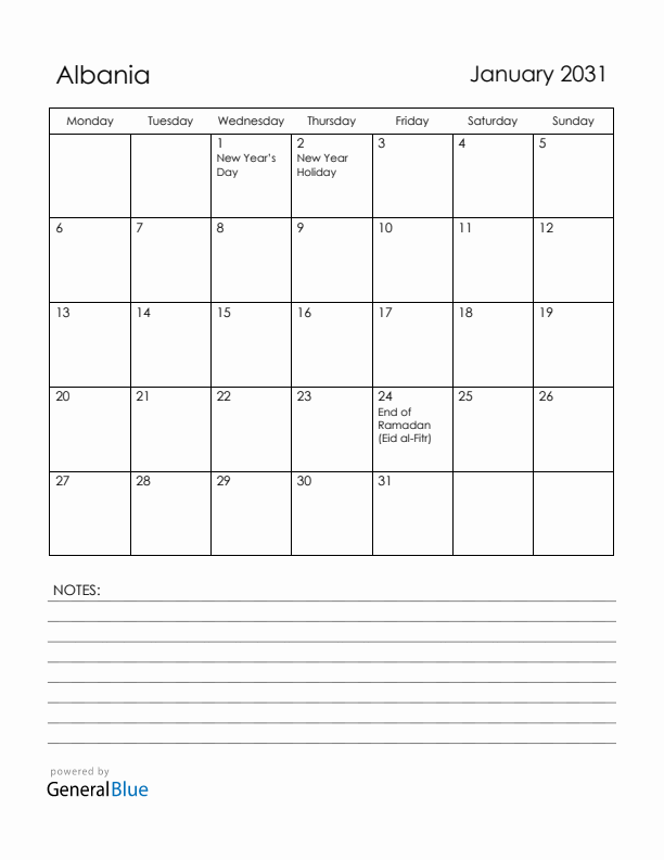 January 2031 Albania Calendar with Holidays (Monday Start)
